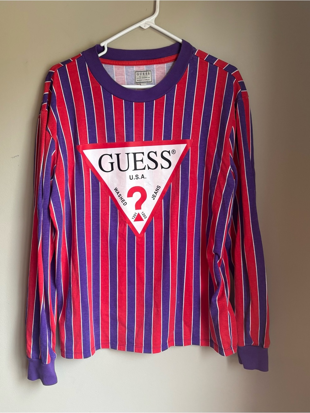 Vintage GUESS Red and Purple Striped Long Sleeve Logo Shirt